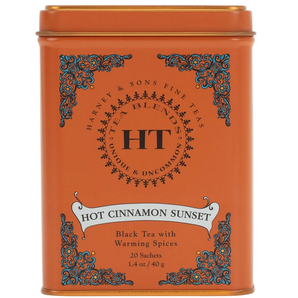 Harney and Sons Caffeinated Hot Cinnamon Sunset Black Tea with Orange and Cloves Tin 20 Sachets, Black Tea with Warming Spices (Pack of 1) | Black Tea, Three Cinnamons, Orange Peel & Cloves, Naturally Sweet, Caffeinated1