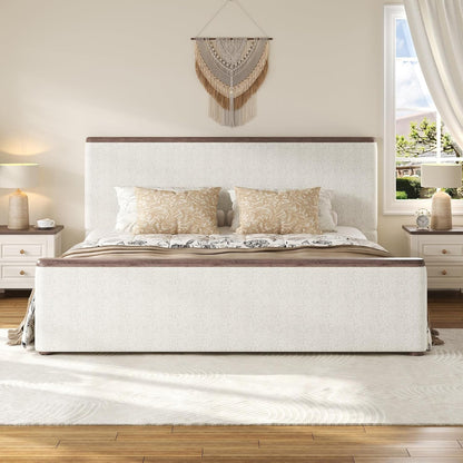 Modern Queen Size Floor Upholstered Bed with High Headboard, White3