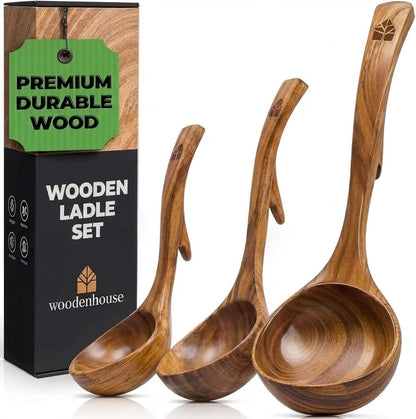 Wooden Ladle for Soup, 3 Size Teak Wood Ladle Spoon with Back Hooks1