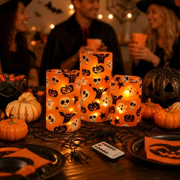 Halloween Flameless Candles with String Lights - Set of 3 Ghost Battery Operated Candle Flickering Floral LED Pillar Candles with Timer Remote for Home Decor Romantic Ambiance4