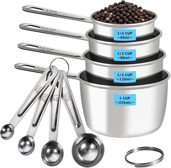 8 PCS Stainless Steel Measuring Cups and Spoons Set, Engraved Metric & US Measurement Measuring Cups and Spoons, Food Grade Metal Measure Cups for Dry & Liquid Kitchen Cooking Baking, Dishwasher Safe1