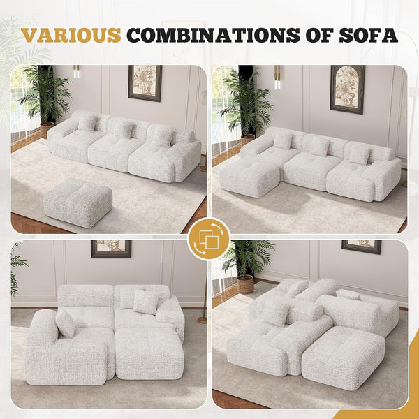 122" Modern L Shaped Modular Sectional Sofa, Boneless Couches for Living Room with Ottoman,4 Seater Convertible Chenille Cloud Couch Sofa Set, No Assembly Required, Beige 1 PCS6