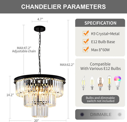 8 Light Modern Crystal Chandelier 20'' Black Chandeliers for Dining Room Contemporary Pendant Light Fixture round 3-Tier Adjustable Height E12 for Living Room, Foyer, Entryway, Bedroom4