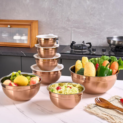 Rose Gold Mixing Bowls with Airtight Lids, Stainless Steel Nesting Mixing Bowls Set of 7, Ideal for Baking, Prepping and Serving Food, Size 7, 3.6, 2.7, 2.1, 1.5, 1.1,0.8 QT, Stackable Design6