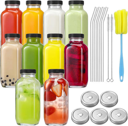 10Pcs 16Oz Glass Juice Bottles with Lids | Reusable Juice Containers Drinking Jars Water Cups with Brush, Glass Straws, Lids with Hole1