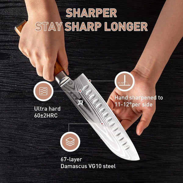 Damascus Santoku Knife 7 Inch with VG10 Steel Olivewood Handle, Razor Sharp Kitchen Knife2