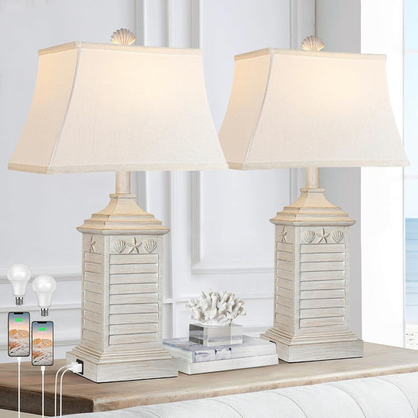 Coastal Table Lamps Set of 2, Beach Living Lamps for Bedroom with USB A+C, Washed White Modern Resin LED 3-Color Temperature Bedside Nautical Decor, Nightstand Tropical Lamps for End Table.1