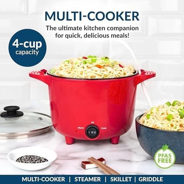 32 Oz Electric Multi-Cooker Pot, 260 Watts, Ceramic Nonstick Coating, 3-Way Control with Keep Warm, Compact Portable, Red4