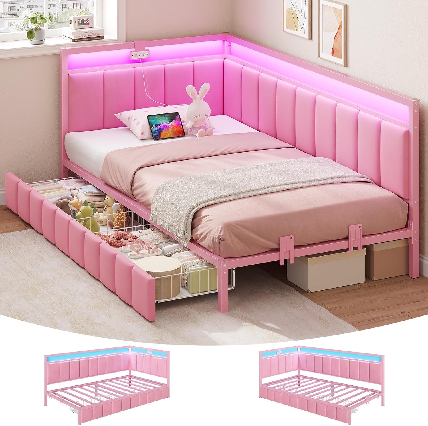 twin-corner-bed-frame-with-2-storage-drawers-and-charging-station-velvet-girls-platform-bed-frame-twin-size-with-led-lights-and-upholstered-guardrail-twin-size-daybed-for-kids-and-teen-pink