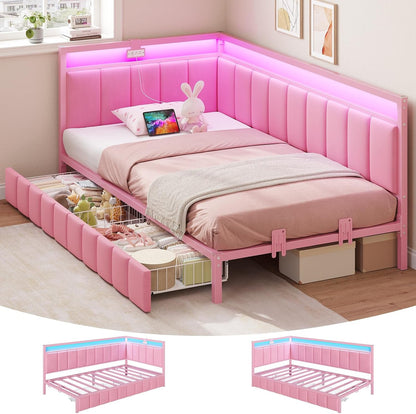 Twin Corner Bed Frame with 2 Storage Drawers and Charging Station Velvet Girls Platform Bed Frame Twin Size with Led Lights and Upholstered Guardrail,Twin Size Daybed for Kids and Teen,Pink1