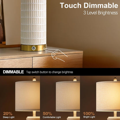 Touch Bedside Table Lamps with 2 USB for Bedroom Living Room, 25'' | Nightstand Lamps Set of 2, 3 Way Dimmable with 2 Bulbs, Durable White Ceramic, Farmhouse & Modern Style for Side Table3