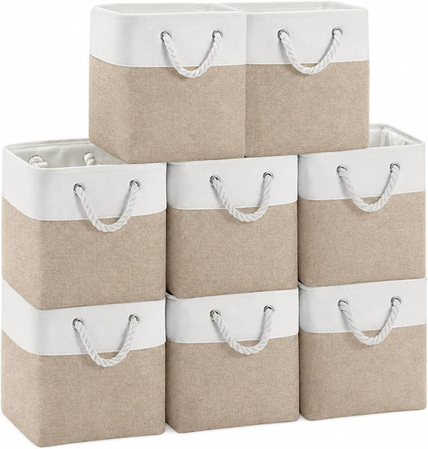 11X11 Inch Cube Storage Bins, 8 Pack Collapsible Fabric Storage Cubes with Rope Handles, Waterproof Foldable Storage Baskets for Cube Shelves, Closet, Clothes, Toys, Books, White & Beige Gold1