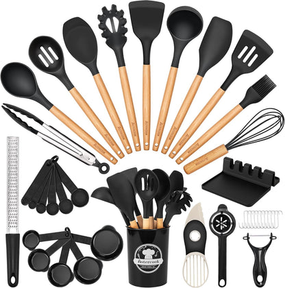 39 PCS Kitchen Utensils Set, Silicone Cooking Utensil Sets with Wooden Handle, 446°F Heat Resistant Food Grade Spatula Set, BPA Free Kitchen Gadgets Tools Set & Spoons for Nonstick Cookware1