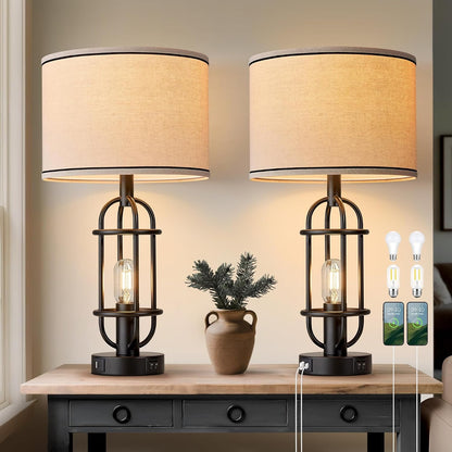 Black Table Lamps for Living Room Set of 2, 22.3" Farmhouse Lamps for Nightstand, Industrial Table Lamps for Bedroom with USB Ports, Bulbs Included1