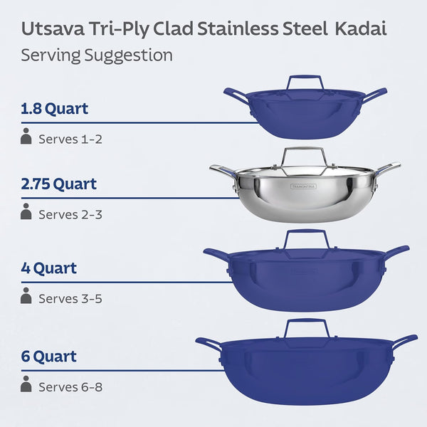 Utsava 2.75-Quart Tri-Ply Clad Stainless Steel Kadai with Lid | Kadhai Pot for Indian Cooking5