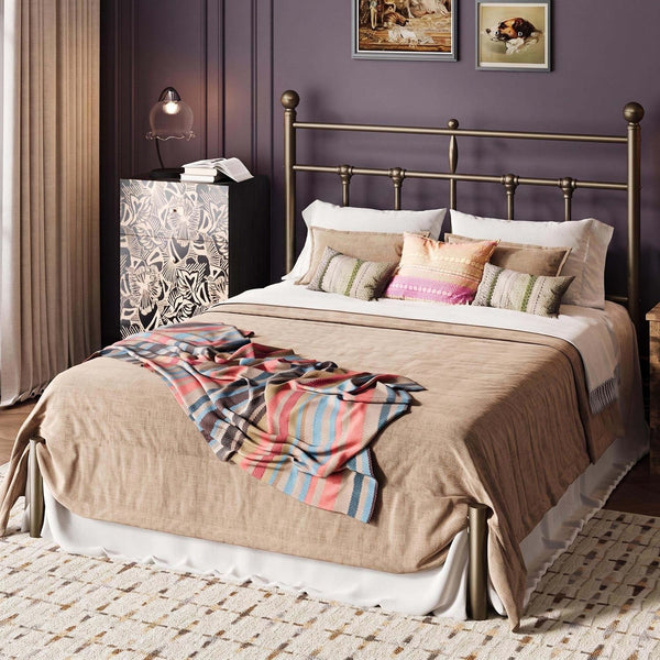 Queen Size Metal Platform Bed Frame with Victorian Vintage Headboard/Under Bed Storage/No Box Spring Needed/Easy Assembly/Noise Free/Mattress Foundation/Gold3