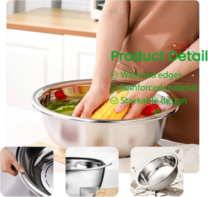 3 Pack 10 Quart Large Mixing Bowl, Stainless Steel Oversized Salad Bowls, All-Purpose Metal Serving Basin for Home Commercial Prepping Baking Marinating Cooking Brining Mixing4