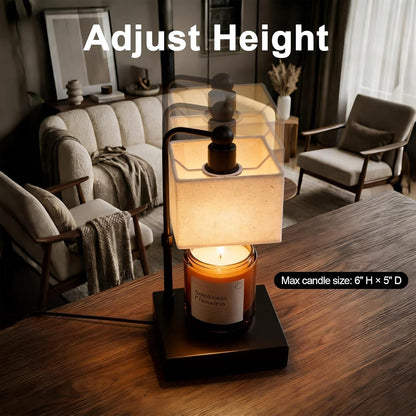 Candle Warmer Lamp with Timer, Dimmable, Adjustable Height, Modern Farmhouse Linen Shade, Black Candle Warming Lamp for up to 6-Inch Jar Candles, 2 Bulbs Included3