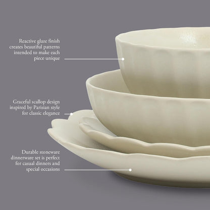 Malibu Shore 16 Piece Scalloped Edge Stoneware Matte Reactive Glaze (Service for 4) Ceramic Plates and Bowls Dinnerware Set - Cream White3