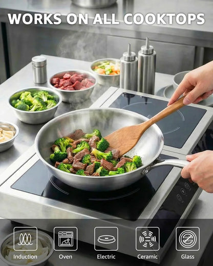 13 Inch Tri-Ply Stainless Steel Wok Pan, Uncoated Wok for Stir Fry | PFOA/PFOS Free, Heavy-Gauge Flat Bottomed Cookware, Suitable for Induction & Electric Stoves, Detachable Handle6