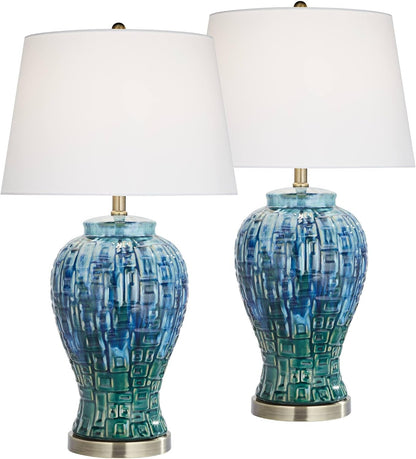 Matsu 27" Tall Table Lamp Set of 2 Teal Temple Ceramic Jar Modern2
