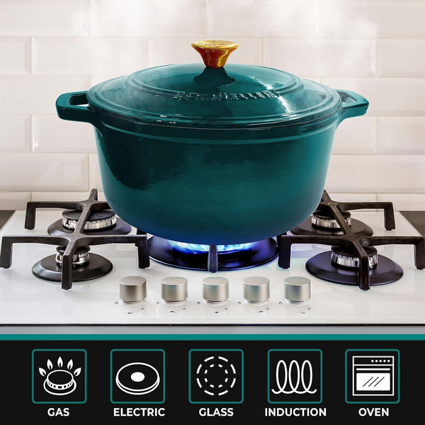 Mueller Duracast 6 Quart Enameled Cast Iron Dutch Oven Pot with Lid | Sourdough Bread Baking, Pfoa-Free, 500°F Oven Safe - All Cooktops Incl. Induction, Braising & Slow Cooking, Emerald6