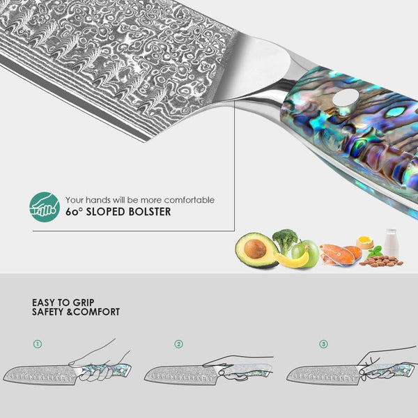 Damascus Santoku Knife 7 Inch, Razor Sharp Professional Chef Knife, Japanese Hand Forged 67 Layers Hammered Damascus Blade, Ergonomic Abalone Shell Handle Cooking Knife with Gift Box4