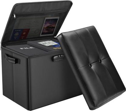 Storage Ottoman with Lock,Fireproof Folding Ottoman Foot Rest Stool Storage Chest with Storage Safe for Important Documents,Waterproof 17 Inches Short Ottoman Foot Stool with Handles,Black1