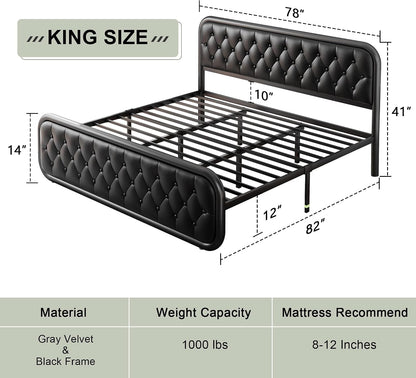 King Size Bed Frame, Upholstered Bed Frame with Faux Leather Headboard, Heavy Duty Platform Bed with Strong Metal Slats, 12 Inch Under-Bed Storage, Noise-Free, Easy Assembly, Matte Black2