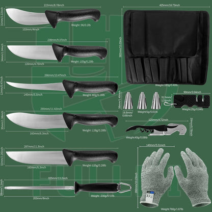 13Pcs Chef/Butcher Fish Knife Set, High Carbon Steel Hand Forged Boning Bbq Knife Set with Bag for Kitchen, Camping, BBQ (Black, 11 Pcs)3