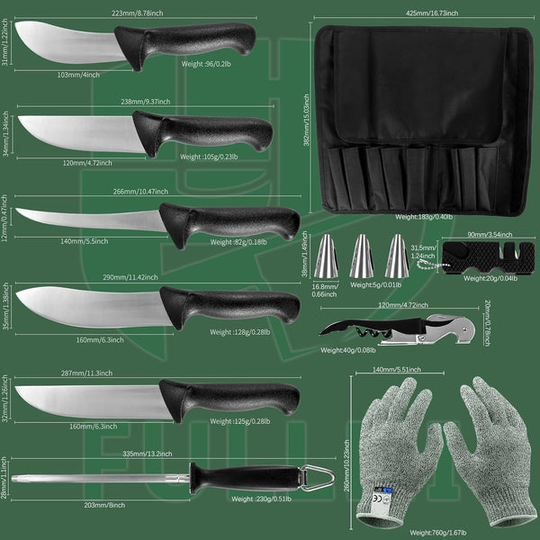 13Pcs Chef/Butcher Fish Knife Set, High Carbon Steel Hand Forged Boning Bbq Knife Set with Bag for Kitchen, Camping, BBQ (Black, 11 Pcs)3