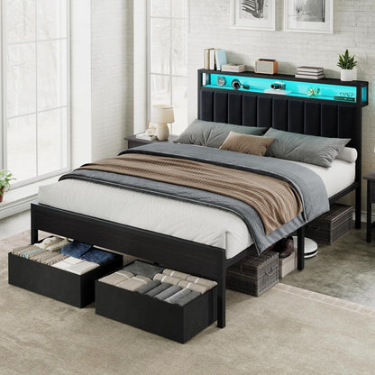 Full Bed Frame with LED Lights & 2-Tier Storage Headboard9