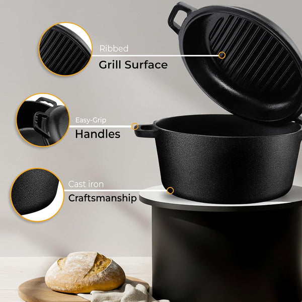Cast Iron Dutch Oven 5 QT with Skillet Lid Pre-Seasoned Pfas-Free | Dual Purpose Skillet Lid, Griddle Pan Included, Bread Baking, Roasting, Grilling, Camping Use, Heavy Duty3