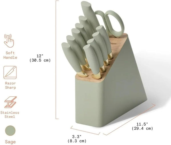 Wonderful 12-Piece High-Carbon Stainless Steel Knife Block Set with Ergonomic Soft-Grip Handles, 8-In Chef Knife High-Carbon Blades (Sage Green)5