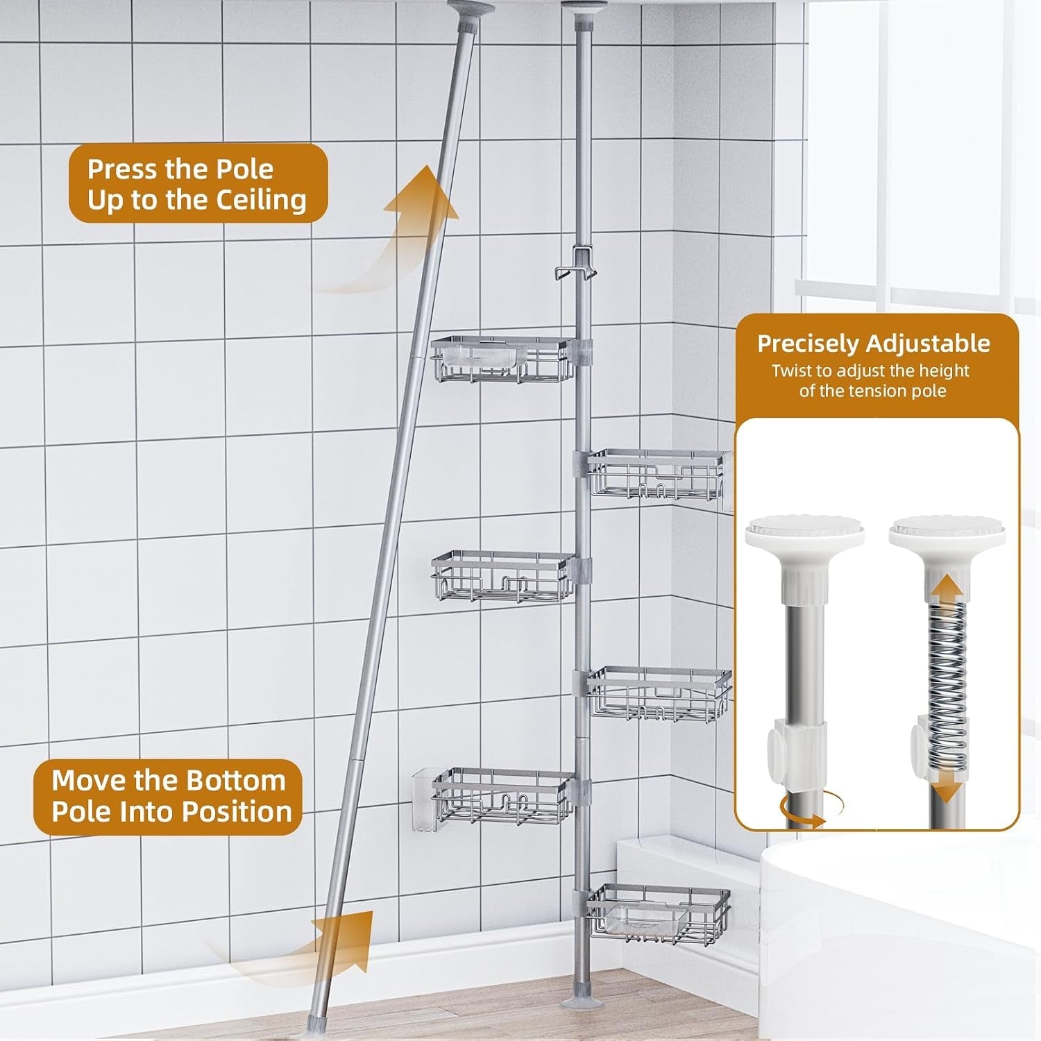 shower-caddy-organizer-tension-pole-rustproof-4-tier-corner-shower-rack-with-25-114-inch-adjustable-height-for-bathroom-storage-extra-towel-rack-soap-dish-and-toothbrush-holder-silver