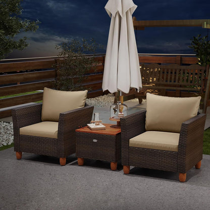 3 Piece Patio Furniture Set, Patiojoy Outdoor PE Wicker Bistro Set with Soft Cushions and Solid Acacia Wood, Outdoor Conversation Set with Porch, Balcony and Garden5