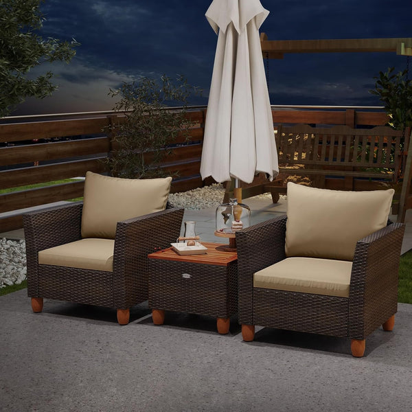 3 Piece Patio Furniture Set, Patiojoy Outdoor PE Wicker Bistro Set with Soft Cushions and Solid Acacia Wood, Outdoor Conversation Set with Porch, Balcony and Garden5