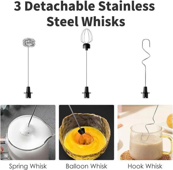 Rechargeable Milk Frother Handheld with 3 Detachable Stainless Steel Whisks, 3 Speed Adjustable Electric Whisk Foam Maker, Handheld Drink Mixer, Frother Wand for Coffee, with Storage and Charging Base5