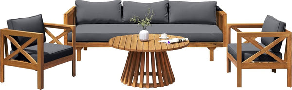 Outdoor 4-Piece Acacia Wood Conversation Set - Patio 3-Seat Loveseat Sofa Daybed with Cushion, 2 Armchair and round Coffee Table for Backyard, Lawn, Balcony, Teak+Dark Gray4