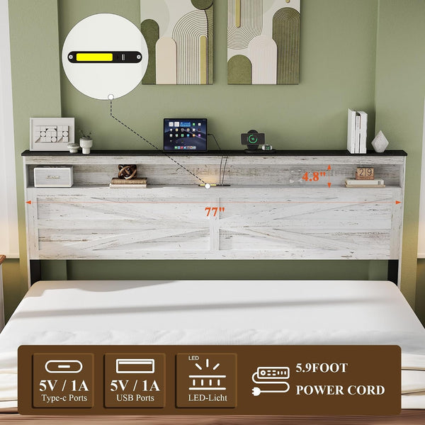 Farmhouse King Size Bed Frame with Headboard Storage Shelf, Wood Platform Bed Frame with LED Lights & Charging Station, Rustic White Metal Bed, No Box Spring Needed, Noise-Free Sturdy Structure3
