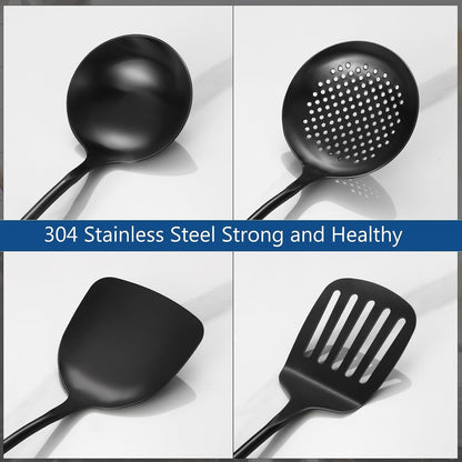 304 Stainless Steel Kitchen Utensils Set, 4 Pcs Long Cooking Utensils Set with Wooden Handle, Large Heat Resistant Kitchen Tools(Black, Dishwasher Safe)4