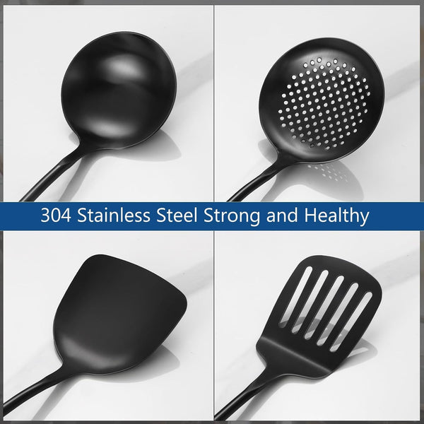 304 Stainless Steel Kitchen Utensils Set, 4 Pcs Long Cooking Utensils Set with Wooden Handle, Large Heat Resistant Kitchen Tools(Black, Dishwasher Safe)4