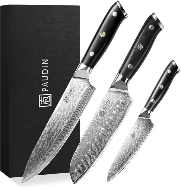 Damascus Knife Set 3 PCS, Japanese VG10 Steel Core, Ultra Sharp Chef Knife Set, Full Tang G10 Handle, Damascus Kitchen Knives1