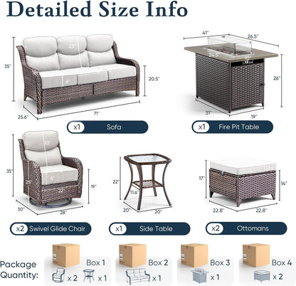 Luxury 6" Thick Cushioned 7 Pieces Patio Furniture Set with Fire Pit Table, Wicker Outdoor Conversation Set with High Back Swivel Rocker Chairs for Deck Porch Yard and Poolside - Brown+Beige2