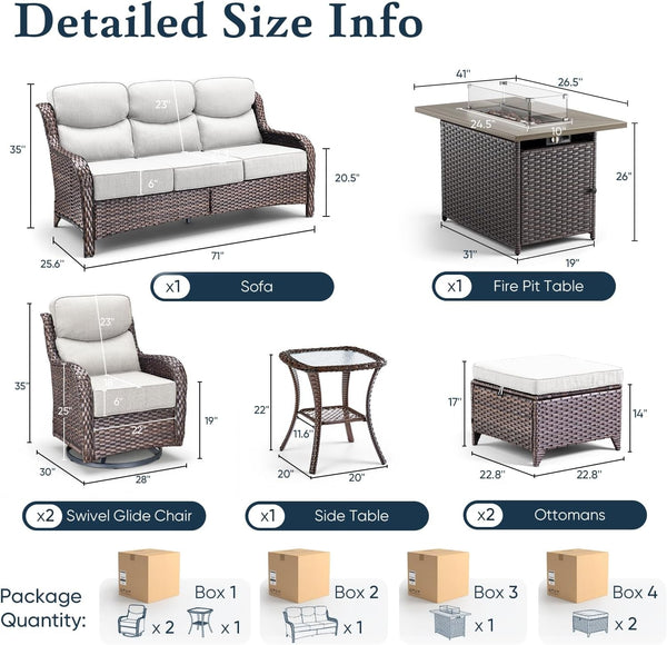 Luxury 6" Thick Cushioned 7 Pieces Patio Furniture Set with Fire Pit Table, Wicker Outdoor Conversation Set with High Back Swivel Rocker Chairs for Deck Porch Yard and Poolside - Brown+Beige2
