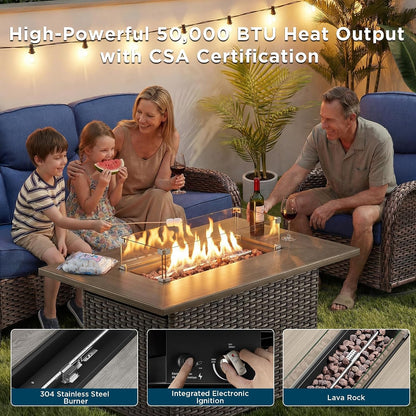 Luxury Patio Furniture Set with Fire Pit Table-4 Pieces High Back Wicker Swivel Rocker Chairs with 6" Extra Thick Cushions, Outdoor Patio Conversation Sets for Garden Deck(Brown/Blue)3