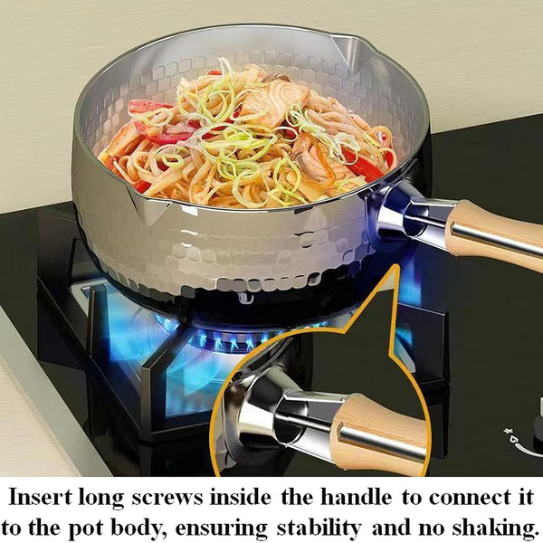 Thickened 304 Stainless Steel Pot, Solid Wood anti Scald Handle with Hook, Multifunctional Sauce Pot with Inverted Mouth, Milk Pot, Cooking Pot (1.7 Quarts)5