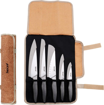 Vintage Style Kitchen Knife Sets,Scratch Resistant Camping Matte Knives with 5 Slots Recycled Oxford Cloth Knife Roll Bag & Covers,Stonewashed High Carbon Stainless Steel Blades & Hollow Handle1