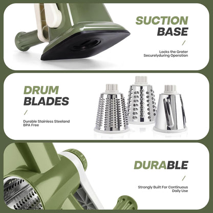 Rotary Cheese Grater, Cheese Grater Hand Crank, 3-Blade Grater | 3 Stainless Steel Drums Create Fine Shreds,Coarse Grates and Slices for Cheese, Vegetables, Salads, Pizza and Daily Meal Prep7