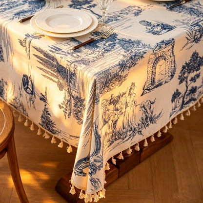 Retro Blue White Toile De Jouy Printed Rectangular Tablecloth, Premium Cotton Linen Table Cover with Complete Edge Tassels for French Country Kitchen Decor 60X86 Inches3